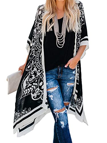 Image of Breezy Lane Women's Kimono Cardigan Summer Swimsuit Coverups Beach Cover Up with Floral Print for Vacation