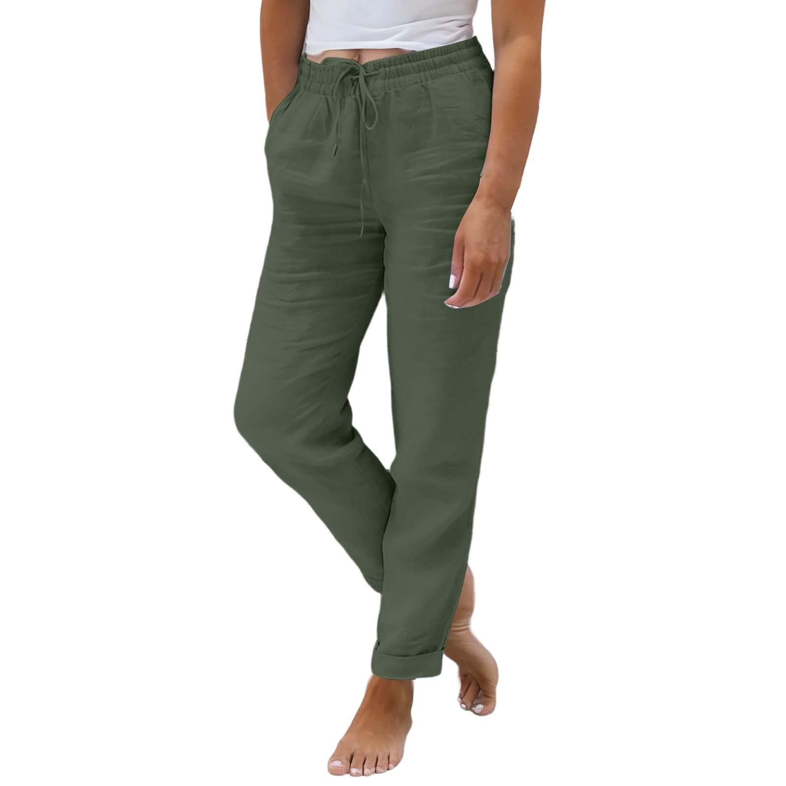 Pantalon lin taille haute fluide modèle décontracté avec poches coupe 7/8 d'été