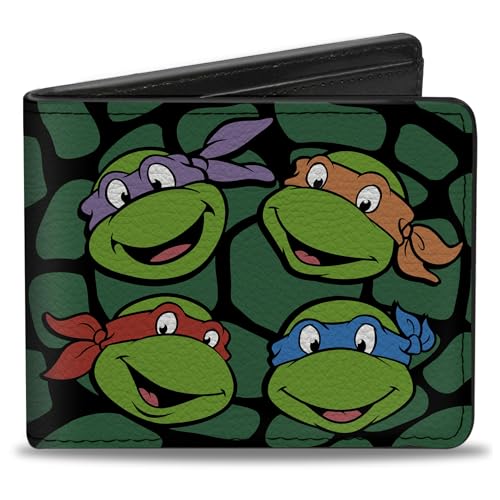 Nickelodeon Men's Standard Buckle-Down PU Bifold Wallet-Classic TMNT Faces Black/Green Turtle Shell, Multicolor, 4.0