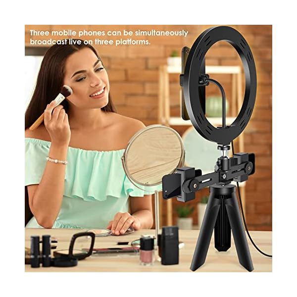 VOCUTE Selfie Ringlicht Stativ mit 3 Handyhalter & Fernbedienung, 10.2" Selfie Ringleuchte, 3 Farbe Kaltes Warmes Licht, 10 Helligkeitsstufen, Desktop Ringlicht für YouTube/TikTok/Live-Stream/Makeup – Bild 6