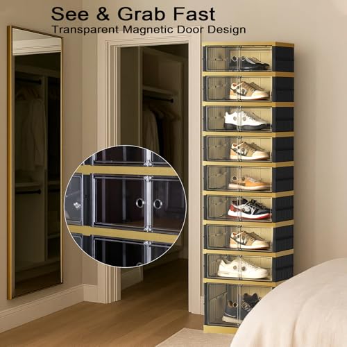 Image of SYNCVIBE Shoe Rack Organizer for Closet Entryway Foldable Sneaker Storage Shoe, Collapsible Shoe Cabinet, Stackable Shoe Storage Cabinet with Lids for Living Room (9 Tiers -18 Pairs Black Gold)
