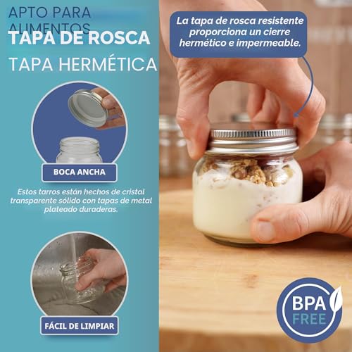 Miniatura 4 de Heftman Tarros De Vidrio Con Tapas, Juego De 6 Tarros Herméticos De 250 Ml Para Avena Durante La Noche, Mermelada Casera, Tarro De Vidrio Resistente Con Tapa Para Miel, Encurtidos, Conservas