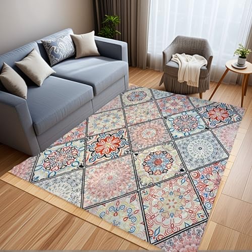 DH DREAMER HOME Alfombra para Salón, Dormitorio, Cocina - Tamaño 150x200cm - Pelo Corto Diseño Moderno con Base Antideslizante - Alfombras de Decoración Suave, Resistente y Lavable (AzulejoMarroquies)