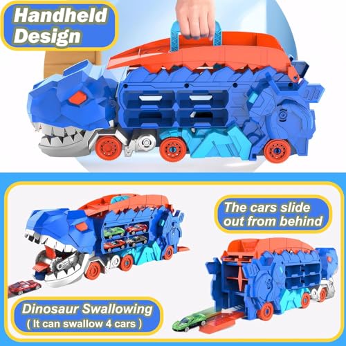 Image of PLUSPOINT Big Dinosaur Track Toy, with Foldable Sliding Race Track,Transformable Into Standing Dinosaur Transporter City with 6 car Toddler Toys Gifts for Kids Ages 3+Years Old