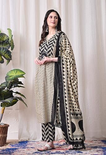Image of MEERA FAB Women's Cotton Straight Kurta Set, Floral Print with Yoke, with Dupatta and Pants