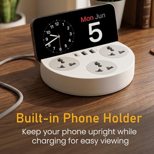 Image of Portronics Power Plate 5 Pro, 6-in-1 Power Extension Board with 3 Universal Sockets, 2 USB-A & 1 Type-C Port, 1500W Output, Built-in Mobile Holder, 2M Long Cord, Overload & Surge Protection