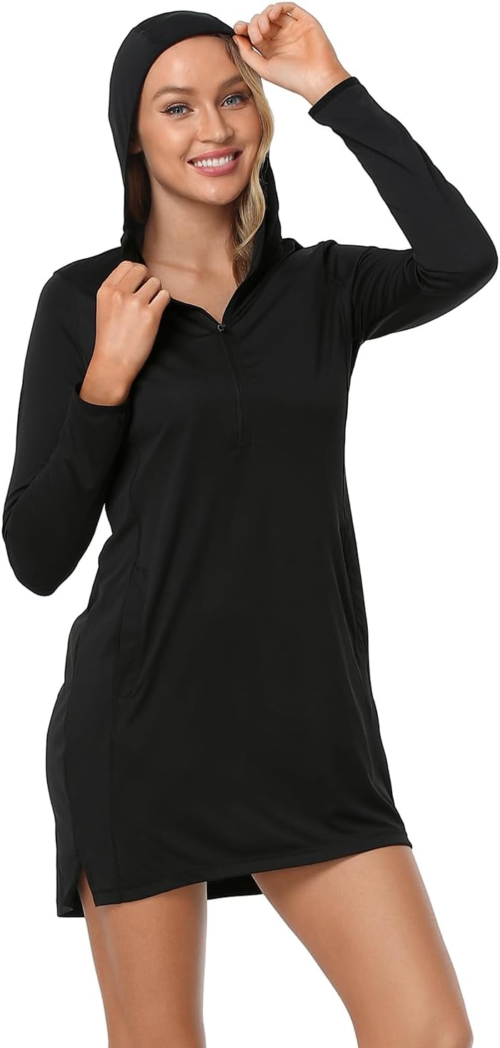Women's Swim Cover Up Dress UPF 50 Long Sleeve Lightweight Sun Protection Beach SPF Rash Guard Swimsuit Coverup with Pockets