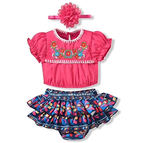 Image of HINTINA Infant Baby Girl Mexican Embroidery Floral Shorts Outfits Ethnic Wear Cinco De Mayo Fiesta Clothes Set