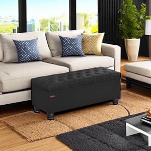 SONGMICS Storage Ottoman Storage Bench Tufted Entryway Bedroom Bench 177 x 465 x 177 Inches Hinges Easy Lid Operation Wooden Legs Synthetic Leather Loads 330 lb Classic Black ULOM071B01