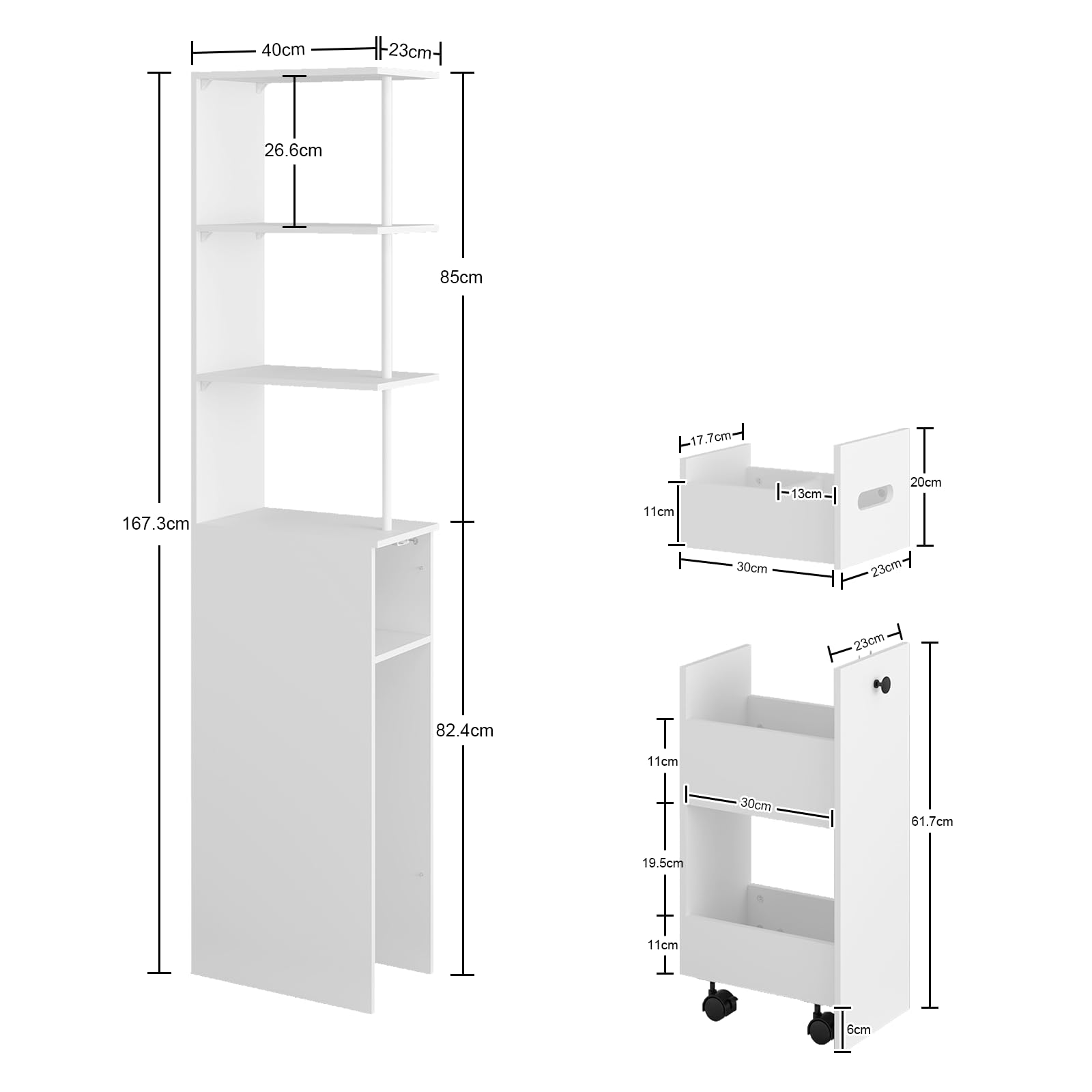 YU YUSING Mueble de Baño Estrecho de 23cm con 2 Cajones 4 Ruedas, Armario Alto Independiente con 3 Niveles Abiertos 167cm, Columna de Baño Blanco, Moderno para Salón Aseo Dormitorio