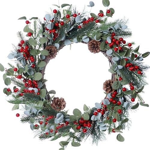DIYFLORU 20 Inches Christmas Wreath Winter Wreaths Holiday Christmas Wreaths for Front Door Christmas Berry Wreath with Pine Needles Pine Cones Red Berries for Window Indoor Outdoor Winter Decorations