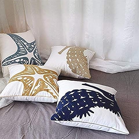 MOCOFO Set of 4 Coastal Ocean Beach Voyage Throw Pillow Covers - Nautical Embroidered Starfish Seahorse Navy Animal Sea Decorative Canvas Cotton Linen Cushion Covers for Home Sofa Decor Cover