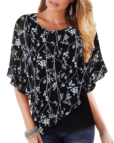 Dressy Tops for Women Night Out: Black Floral Print Blouse - Ladies Tops and Blosues for Wedding -...