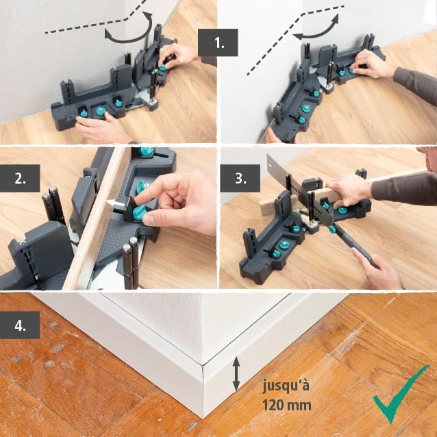 A four-step visual guide showing how to measure an angle and make a miter cut for a skirting board.