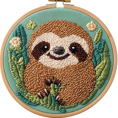 Image of DIY Punch Needle Kits Cute Cartoon Sloth with Hoop 20x20cm-6 | with Pattern Stamped Easy for Beginners Embroidery Punch Needle Starter Craft Set for Adults Festival Gift and Decoration