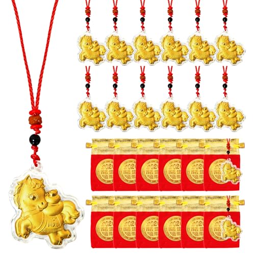 12 Sets Chinese New Year Necklace Jewelry 2026 Year of The Horse Pendant Lunar New Year Horse Pendant Lucky Horses Charms Necklace with Lucky Bag Spring Festival Decoration Zodiac Blessing Gift