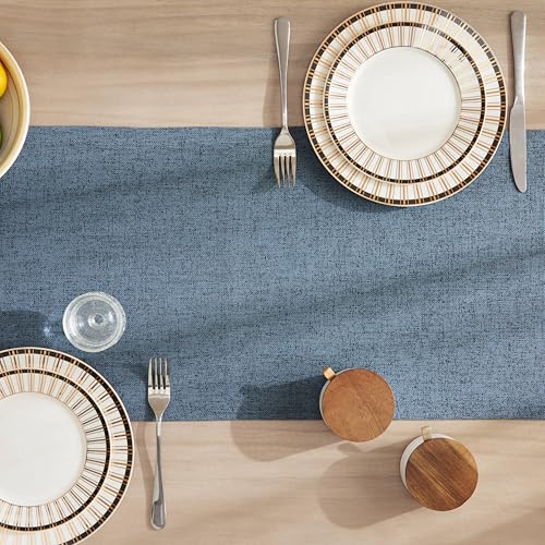 Image of ZeeMart Burlap Style Farmhouse Table Runners 90 Inches Long, Blue Rustic Woven Dining Table Runner for Everyday Use, 14x90 Inches, Blue