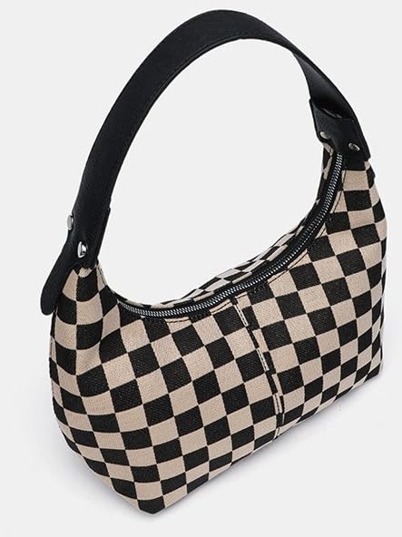 Black and White Checkered Bag PU Leather Hobo Handbag Checkered Purse Crescent Bag 20252
