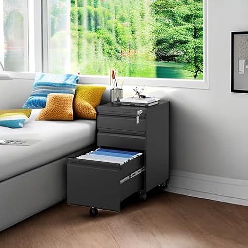 Miiiko File Cabinet 3 Drawers On Wheels Under Desk, Black Metal Rolling File Cabinets With Lock For Home Office thumb #5