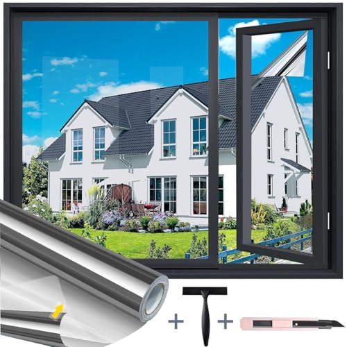 Evofensteere UV-Schutz Sonnenschutzfolie Fenster innen oder außen,Selbstklebend Ohne Rückstände Thermofolie Fenster Gegen Hitze, spiegelfolie Fenster sichtschutz für Büro und Haus(Silber 44.5X200)