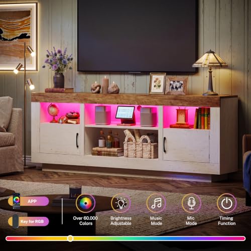 Image of TEENFON TV Stand for 75 inch TV, Entertainment Center with LED Lights & Adjustble Shelves, TV Console, 27.6 inch H Media Console with Open Storage & Side Cabinets, TV Stands for Living Room, Cloud White