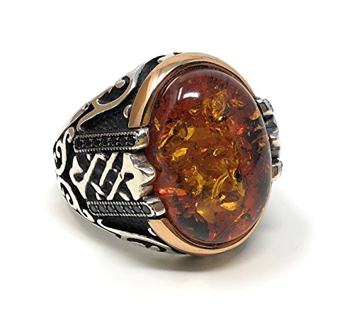 KAR New 925K Sterling Silver Honey Amber Stone Men's Ring w/Zircon K62J (11)