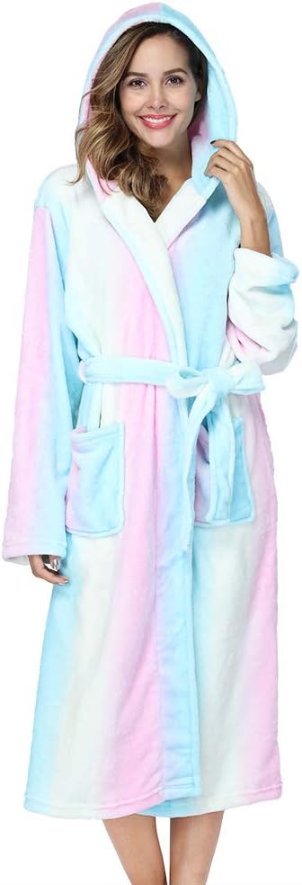 Womens Robes Plush Fleece Hooded Bathrobe Thick Nightgown with Pockets Fluffy Sleepwear