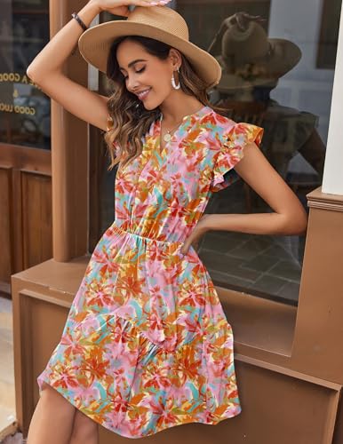 Image of HOTOUCH Women Printed Dress for Summer Short Ruffle Sleeve Dress Tiered Mini Dress with Pockets