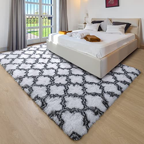 Unirea 6X9 Feet Luxury Shag Area Rug Modern Indoor Plush Fluffy Rugs, Super Soft And Fuzzy Carpet, Geometric Moroccan Rugs For Bedroom Living Room Girls Kids Nursery, White/Black #TOP5