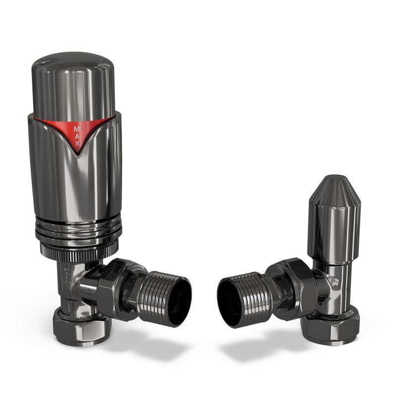 UK Radiators Black Nickel Thermostatic Radiator Valve and Angled Lockshield Valve, Polished Black Nickel Finish