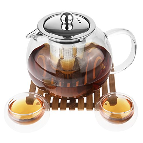 Glass Teapot Kettle w/Stainless Steel Tea Infuser 33.8oz for Loose Leaf Tea + 2 Glass Tea Cups + Japanese Bamboo Tray | Microwave & Stovetop Safe by Tynx