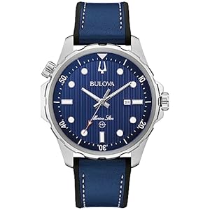 Bulova Reloj Marine Star de cuarzo plateado de acero inoxidable para hombre, correa de cuero y silicona, resistente al agua 100M, 1.693 in