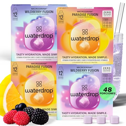 waterdrop® Microdrink FUSION MIX, 48 Pastillas Saborizantes Para Agua, Bebidas con 2 Sabores Afrutados: Mango y Bayas. Sin Azúcar, baja en calorías y con vitaminas, Polvo de Hidratación
