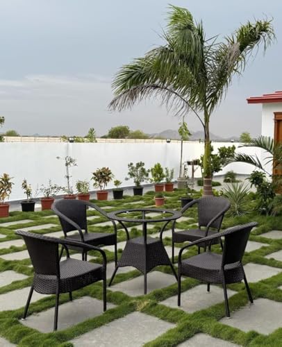 Image of PRATHAM India 4+1 Outdoor Indoor Patio Set Bistro Set Rattan Set Lawn Balcony Hall Outdoor Garden Chair Table Set (Brown Chair & Yellow Cushion)