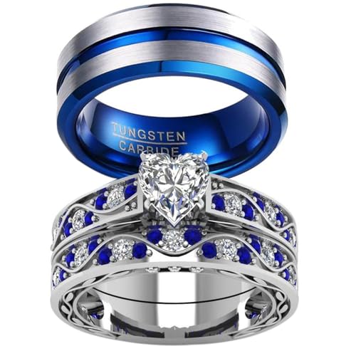 LOVERSRING Couple Ring Bridal Sets His Hers Women 10k White Gold Filled Men Tungsten Carbide Wedding...