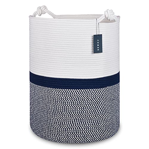 Image of COMSE Extra Large Blanket Basket, Tall Woven Storage Basket, Nursery Hamper, 15.7”x 21.7”, Cotton Rope Laundry Hamper for Toys Clothes Towels, Blend White/Navy Blue