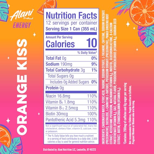 Alani Nu ORANGE KISS, Sugar Free, Low Calorie Energy Drinks, 200mg Caffeine, Biotin, B Vitamins, Zero Sugar, 10 Calories, 12 Fl Oz Cans, 24 Pack