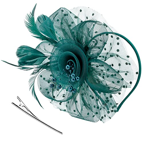 Image of DRESHOW Fascinators Hat Flower Mesh Ribbons Feathers on a Headband and a Clip Tea Party Headwear for Girls and Women