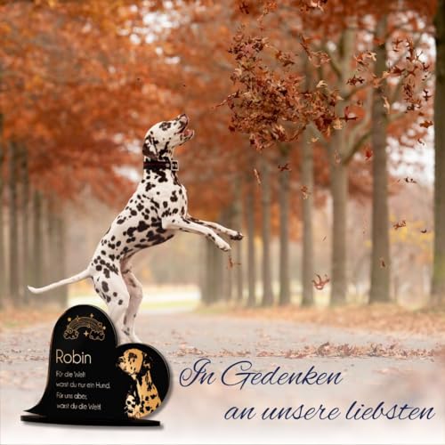 Gedenkstandbild Gedenktafel mit Gravur Fotogravur Grabstein Tiere | Herz liegend in 2 Größen Grabschmuck graviert für Haustiere wie Hund Katze & Co. Grabplatte | Im Kerzenschein schön leuchtend