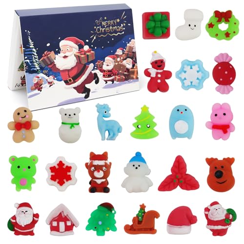 24PCS Christmas Advent Calendar 2024 Decorations Squishies Toys Countdown Blind Box Tiny Mochi Squishy Fidget Toys Christmas Gift Set for Girls Boys Kids
