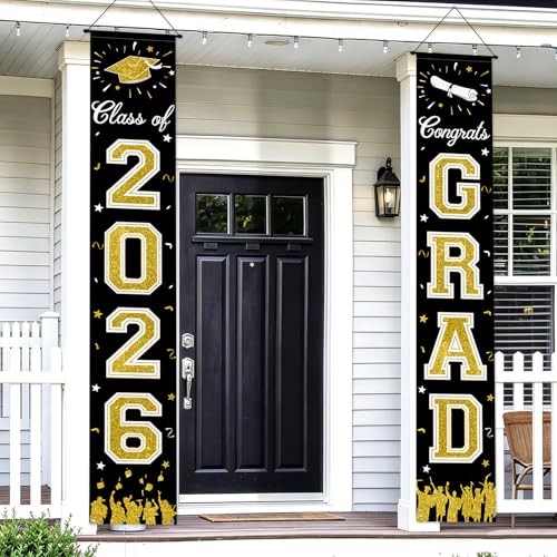 Image of 2026 Graduation Decorations, Black Gold Graduation Banner Class of 2026, Hanging Congratulations /Congrats Grad Porch Banner for Door Schools Grad Party Decorations Black