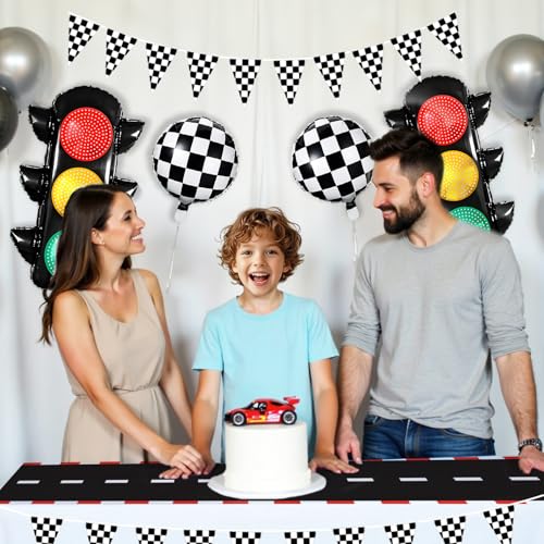 Image of Race Car Birthday Party Decorations with Traffic Light Balloons,Automobile Party Decorations for Kids Include Transportation Light Balloons Checkered Pennant Banner Checkered Balloon Race Track Cloth