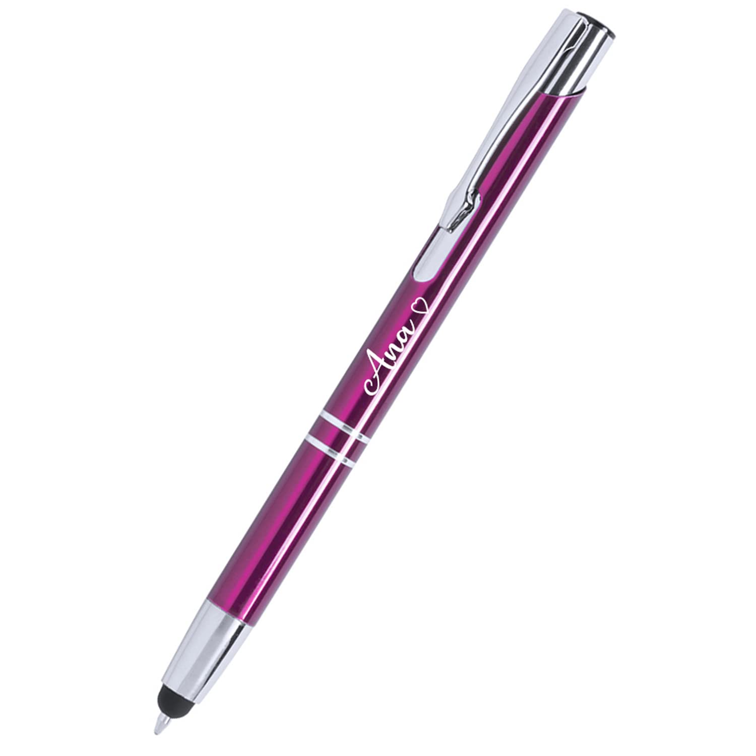 Boligrafo BRILA para Regalar Personalizado (Nombre o Texto) · Bolígrafos Elegantes con Cuerpo en Aluminio Color Fucsia, Mecanismo Pulsador y Puntero táctil para Dispositivos móviles