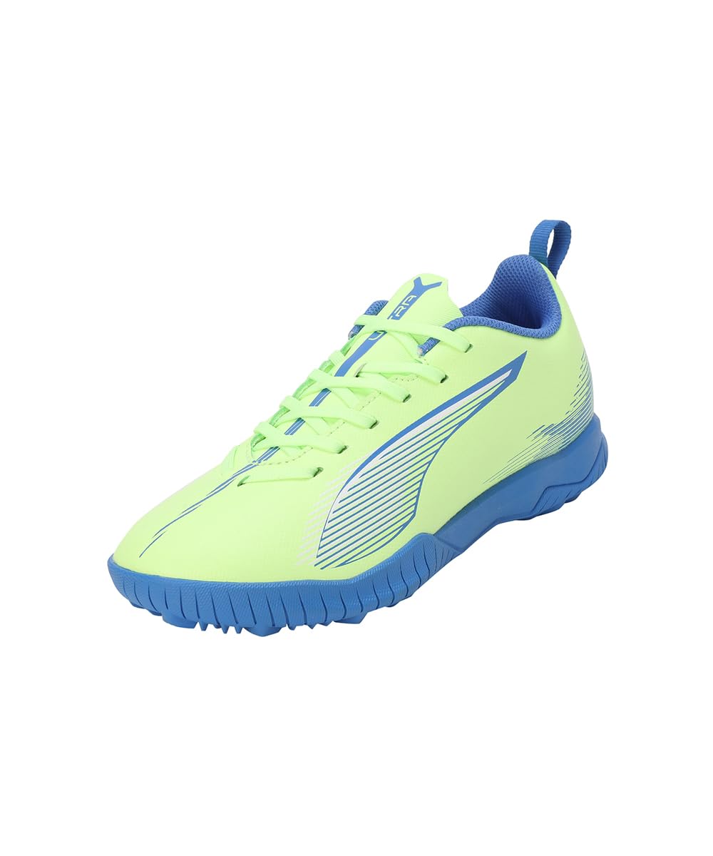 PUMA Unisex Youth Ultra 5 Play IT JR Soccer Shoe, Fizzy Apple-PUMA White-BLUEMAZING, 4.5 UK