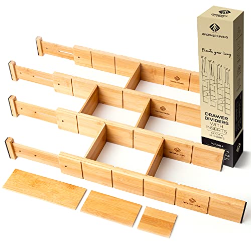 Expandable Drawer Dividers - Kitchen Drawer Organiser with 12 Inserts, Bamboo Partitions - Customisable Cutlery Organiser – Desk Drawer Organizer – Baby Clothes Drawer Organisation, Set of 4 (33-46cm)