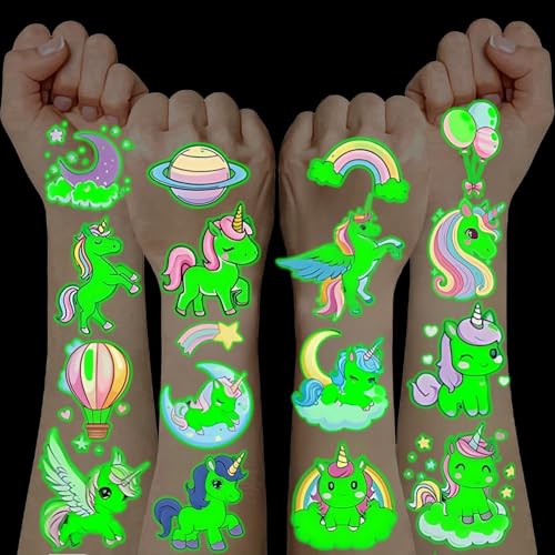 100+ Pezzi Tatuaggi per Bambini Unicorno, Trasferelli per Bambini Giochi Regali Bambina 3-12 Anni Gadget Compleanno Bambino Tatuaggi Temporanei Adesivi Bambina Luminosi Stickers Bambino Attacca Stacca