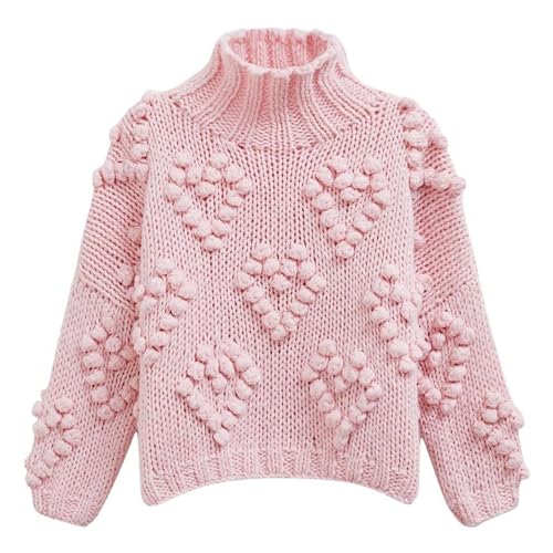 Image of CHICWISH Womens Turtleneck Sweater Heart Pom Pom Pullover Sweaters Long Sleeve Loose Chunky Knit Sweater Tops