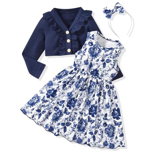 HINTINA 4T Toddler Little Girls Sleeveless Floral Print Spring Summer Dress And Long Sleeve Waffle Cardigan Set Fall Clothes Winter Outfits Blue 4-5T Years