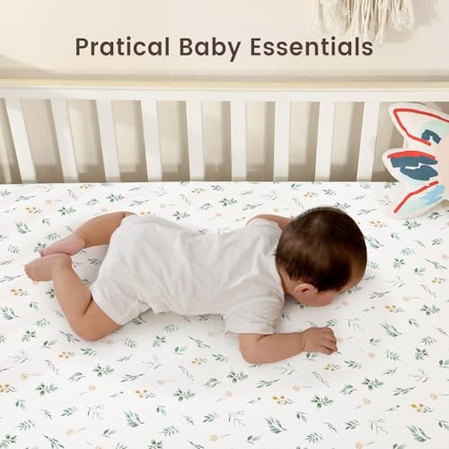 Image of david's kids 3 Pack Mini Crib Sheets, Soft Breathable Premium Pack N Play Sheets for Baby Boys Girls Neutral, Playard and Mini Crib Mattresses, Leaf & Floral