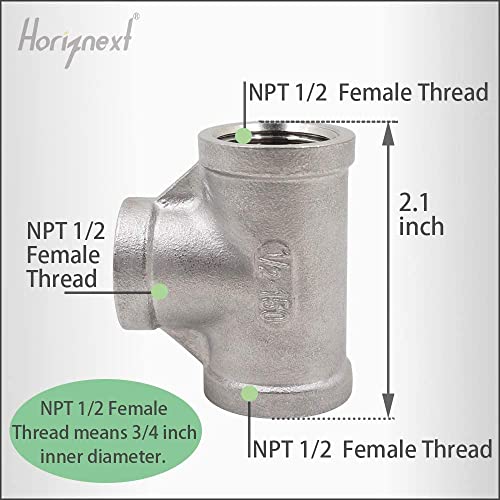Horiznext npt 1/2 female thread stainless steel tee pipe fitting, three way 3/4 inch I.D. connector, metal cast t shaped adapter for water air furniture tank tube industrial (2pcs)